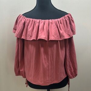 En Elly Women's Off The Shoulder Ruffle Long Sleeve Tie Blouse Top Small‎ Pink
